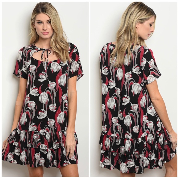 Dresses & Skirts - Red Black White Floral Ruffle loose bubble linen dress Medium Large Size 8 10